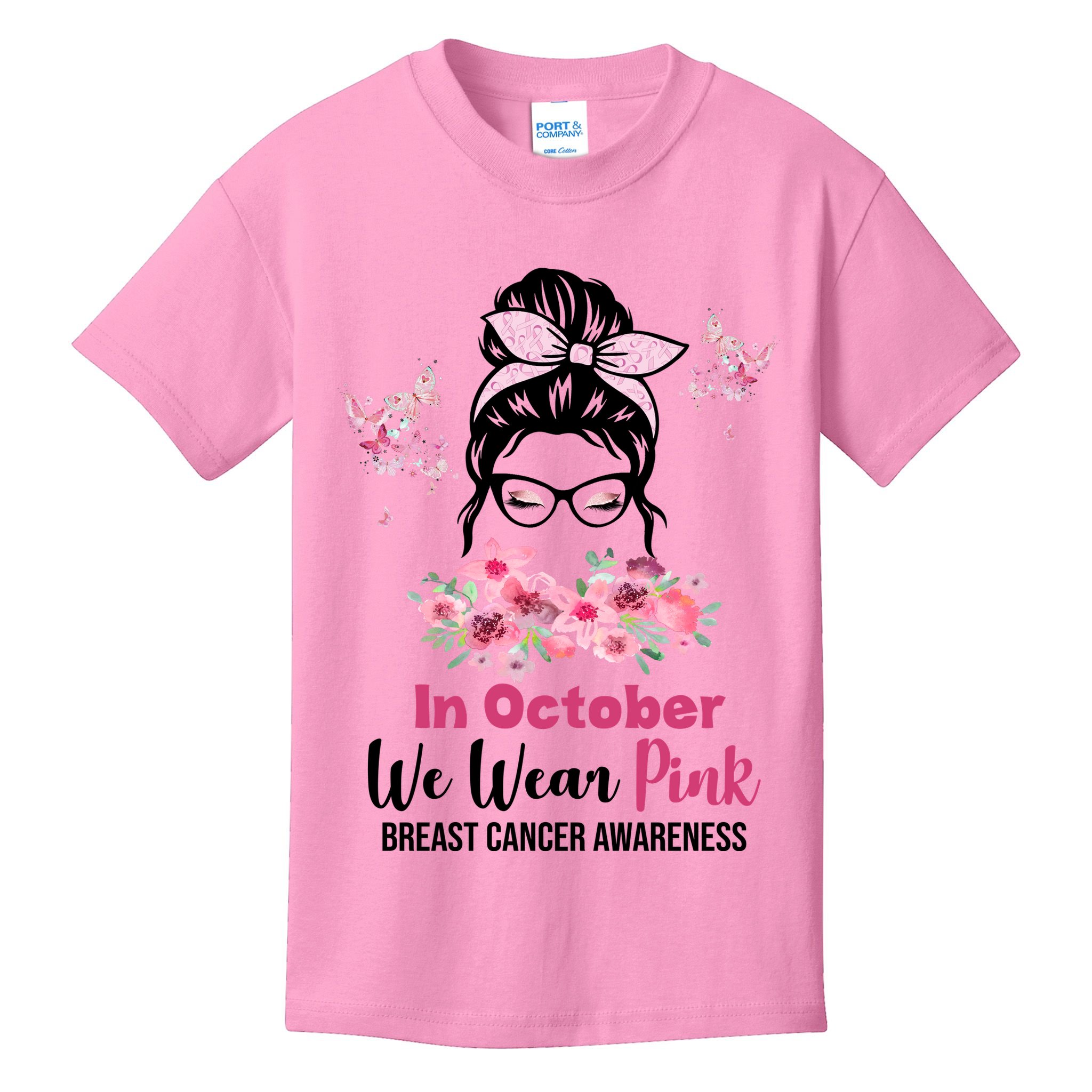 In October We Wear Pink Breast Cancer Messy Bun Floral Kids T-Shirt