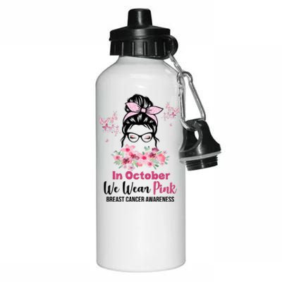 In October We Wear Pink Breast Cancer Messy Bun Floral Aluminum Water Bottle