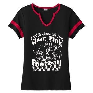 In October We Wear Pink And Watch Football Breast Cancer Awareness Ladies Halftime Notch Neck Tee