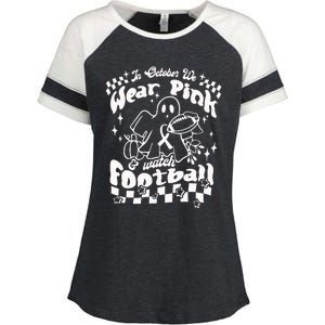 In October We Wear Pink And Watch Football Breast Cancer Awareness Enza Ladies Jersey Colorblock Tee