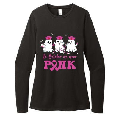 In October We Wear Pink Nurse Ghost Halloween Breast Cancer Womens CVC Long Sleeve Shirt