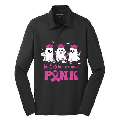 In October We Wear Pink Nurse Ghost Halloween Breast Cancer Silk Touch Performance Long Sleeve Polo