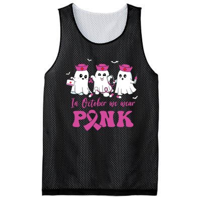 In October We Wear Pink Nurse Ghost Halloween Breast Cancer Mesh Reversible Basketball Jersey Tank