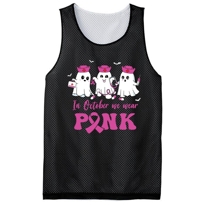 In October We Wear Pink Nurse Ghost Halloween Breast Cancer Mesh Reversible Basketball Jersey Tank