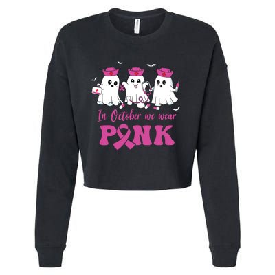 In October We Wear Pink Nurse Ghost Halloween Breast Cancer Cropped Pullover Crew