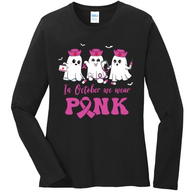 In October We Wear Pink Nurse Ghost Halloween Breast Cancer Ladies Long Sleeve Shirt