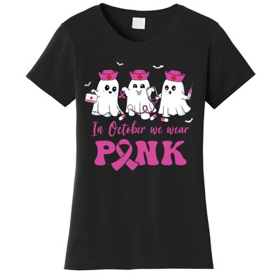 In October We Wear Pink Nurse Ghost Halloween Breast Cancer Women's T-Shirt