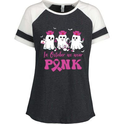 In October We Wear Pink Nurse Ghost Halloween Breast Cancer Enza Ladies Jersey Colorblock Tee