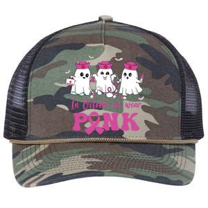 In October We Wear Pink Nurse Ghost Halloween Breast Cancer Retro Rope Trucker Hat Cap