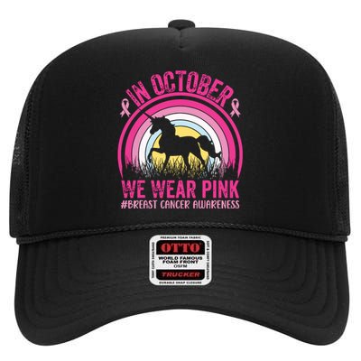 In October We Wear Pink Unicorn Breast Cancer Awareness High Crown Mesh Back Trucker Hat