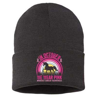 In October We Wear Pink Unicorn Breast Cancer Awareness Sustainable Knit Beanie