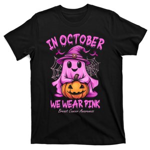 In October We Wear P.I.N.K. Ghost Witch Breast Cancer Awareness T-Shirt