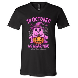 In October We Wear P.I.N.K. Ghost Witch Breast Cancer Awareness V-Neck T-Shirt