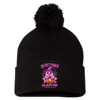 In October We Wear P.I.N.K. Ghost Witch Breast Cancer Awareness Pom Pom 12in Knit Beanie