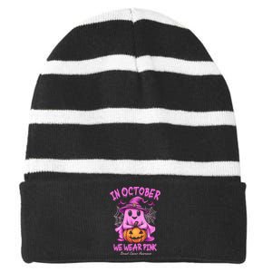 In October We Wear P.I.N.K. Ghost Witch Breast Cancer Awareness Striped Beanie with Solid Band