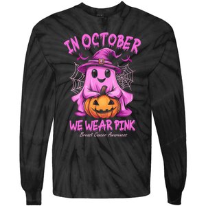 In October We Wear P.I.N.K. Ghost Witch Breast Cancer Awareness Tie-Dye Long Sleeve Shirt