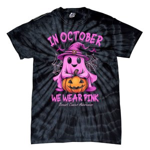 In October We Wear P.I.N.K. Ghost Witch Breast Cancer Awareness Tie-Dye T-Shirt