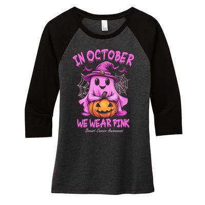 In October We Wear P.I.N.K. Ghost Witch Breast Cancer Awareness Women's Tri-Blend 3/4-Sleeve Raglan Shirt