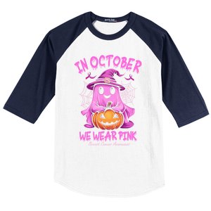 In October We Wear P.I.N.K. Ghost Witch Breast Cancer Awareness Baseball Sleeve Shirt