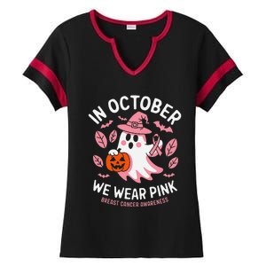 In October We Wear Pin.K Ghost Witch Breast Cancer Awareness Ladies Halftime Notch Neck Tee