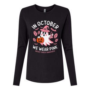 In October We Wear Pin.K Ghost Witch Breast Cancer Awareness Womens Cotton Relaxed Long Sleeve T-Shirt