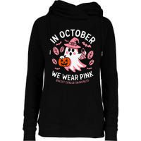 In October We Wear Pin.K Ghost Witch Breast Cancer Awareness Womens Funnel Neck Pullover Hood