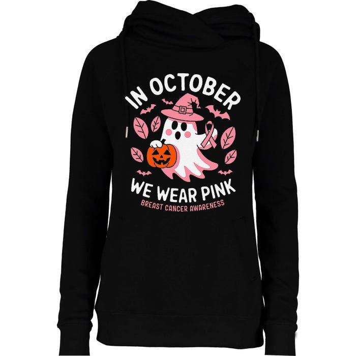 In October We Wear Pin.K Ghost Witch Breast Cancer Awareness Womens Funnel Neck Pullover Hood