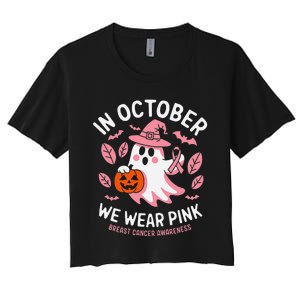 In October We Wear Pin.K Ghost Witch Breast Cancer Awareness Women's Crop Top Tee