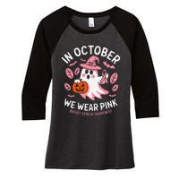 In October We Wear Pin.K Ghost Witch Breast Cancer Awareness Women's Tri-Blend 3/4-Sleeve Raglan Shirt