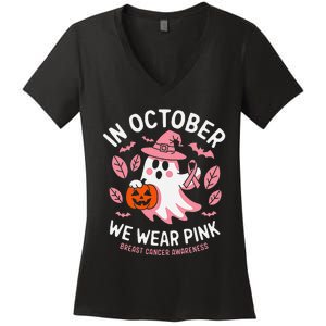 In October We Wear Pin.K Ghost Witch Breast Cancer Awareness Women's V-Neck T-Shirt