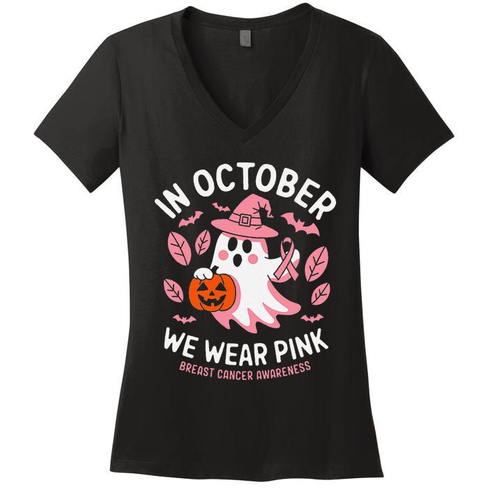 In October We Wear Pin.K Ghost Witch Breast Cancer Awareness Women's V-Neck T-Shirt