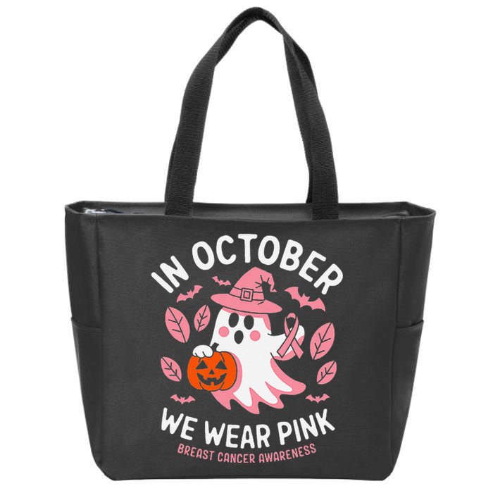 In October We Wear Pin.K Ghost Witch Breast Cancer Awareness Zip Tote Bag