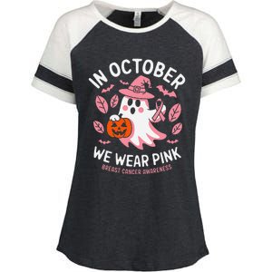 In October We Wear Pin.K Ghost Witch Breast Cancer Awareness Enza Ladies Jersey Colorblock Tee