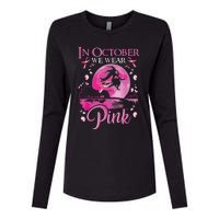 In October We Wear Pink Witch Breast Cancer Awareness Womens Cotton Relaxed Long Sleeve T-Shirt