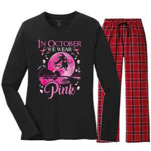 In October We Wear Pink Witch Breast Cancer Awareness Women's Long Sleeve Flannel Pajama Set 