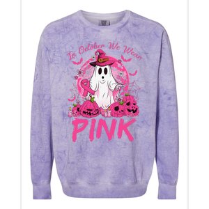 In October We Wear Pin.K Breast Cancer Ghost Witch Halloween Colorblast Crewneck Sweatshirt