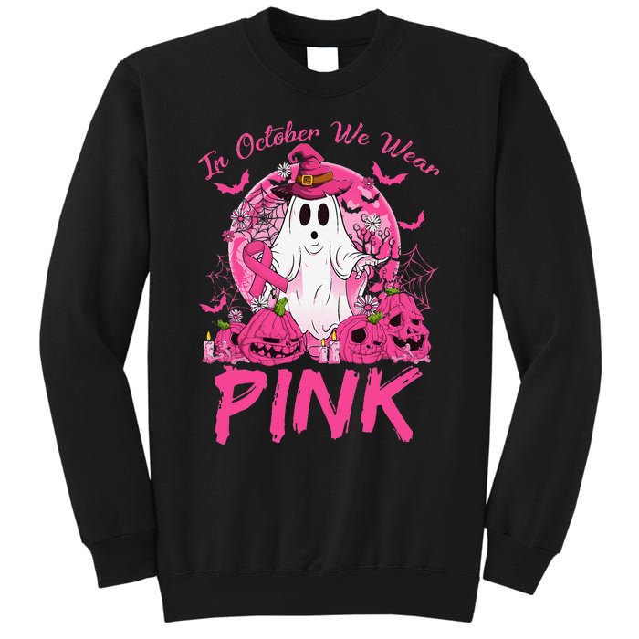 In October We Wear Pin.K Breast Cancer Ghost Witch Halloween Sweatshirt