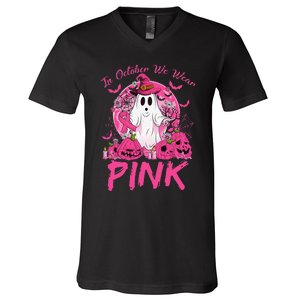 In October We Wear Pin.K Breast Cancer Ghost Witch Halloween V-Neck T-Shirt