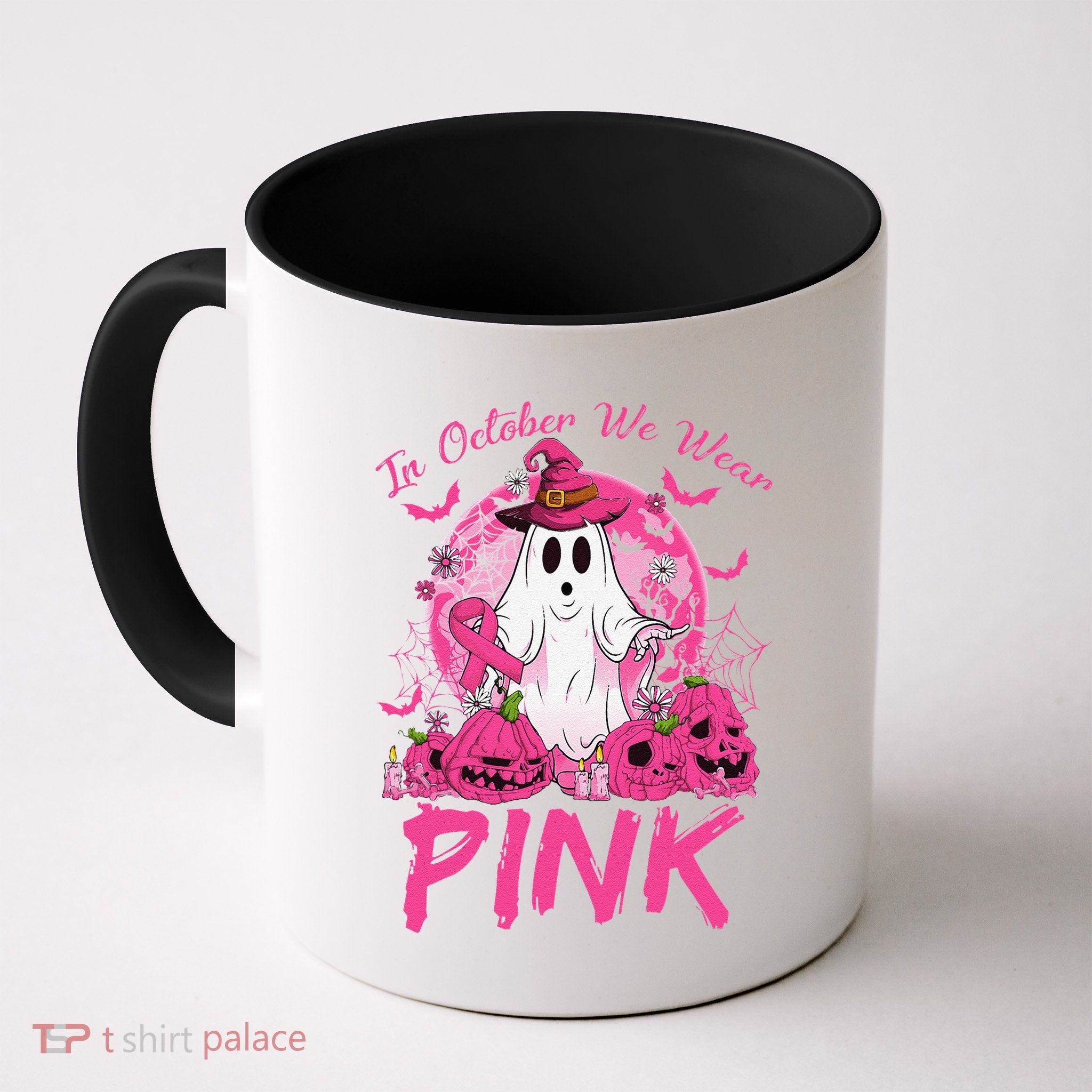 In October We Wear Pin.K Breast Cancer Ghost Witch Halloween Coffee Mug