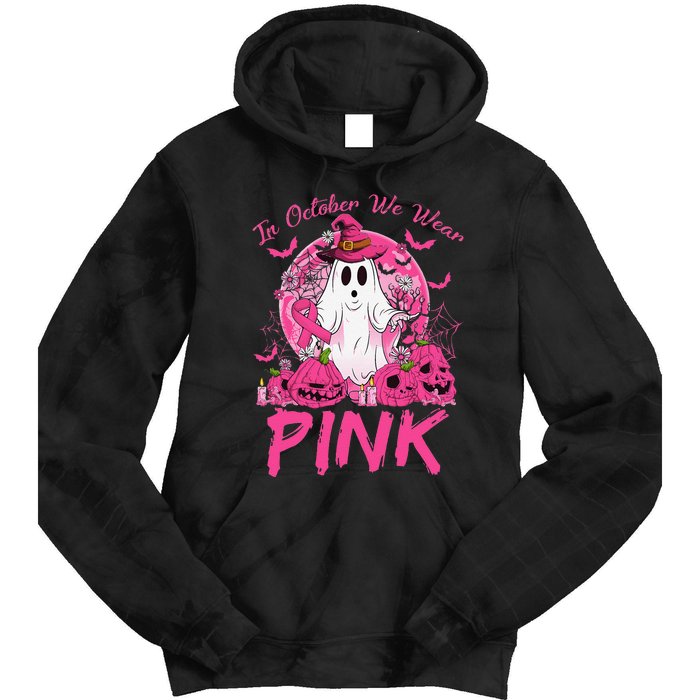 In October We Wear Pin.K Breast Cancer Ghost Witch Halloween Tie Dye Hoodie