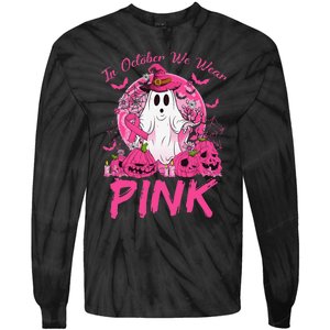 In October We Wear Pin.K Breast Cancer Ghost Witch Halloween Tie-Dye Long Sleeve Shirt