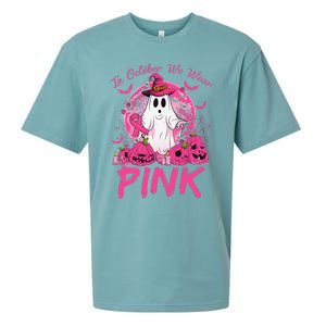 In October We Wear Pin.K Breast Cancer Ghost Witch Halloween Sueded Cloud Jersey T-Shirt