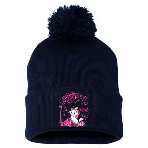 In October We Wear Pink Leopard Cat Breast Cancer Awareness Pom Pom 12in Knit Beanie