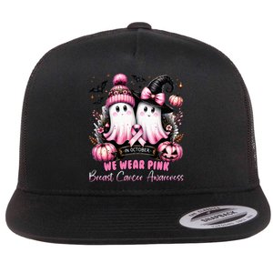 In October We Wear Ghost Witch Breast Cancer Awareness Flat Bill Trucker Hat