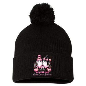 In October We Wear Ghost Witch Breast Cancer Awareness Pom Pom 12in Knit Beanie