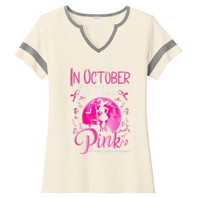 In October We Wear Pink Pumpkin Breast Cancer Awareness Cute Ladies Halftime Notch Neck Tee