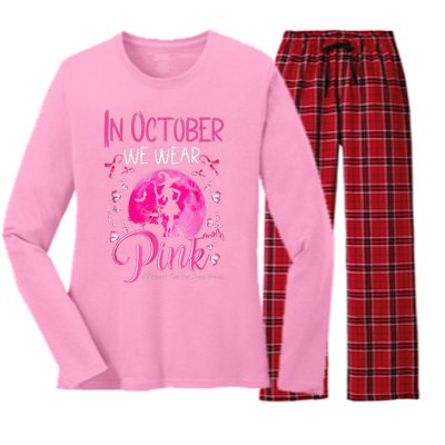 In October We Wear Pink Pumpkin Breast Cancer Awareness Cute Women's Long Sleeve Flannel Pajama Set 