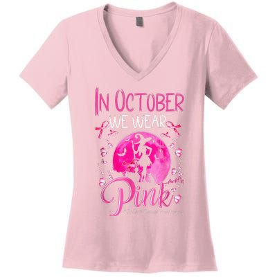 In October We Wear Pink Pumpkin Breast Cancer Awareness Cute Women's V-Neck T-Shirt