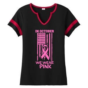 In October We Wear Pink American Flag Support Breast Cancer Great Gift Ladies Halftime Notch Neck Tee