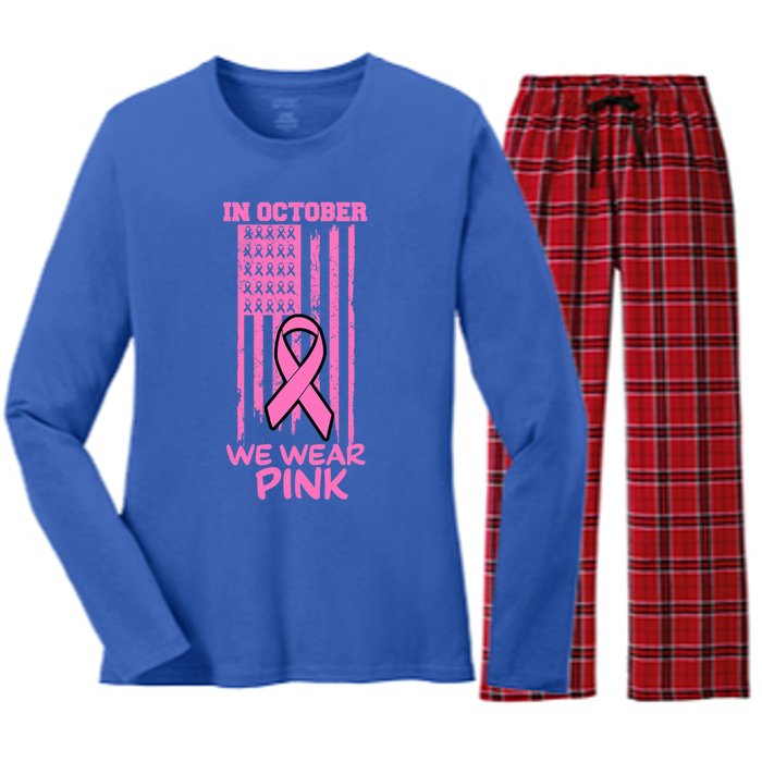 In October We Wear Pink American Flag Support Breast Cancer Great Gift Women's Long Sleeve Flannel Pajama Set 